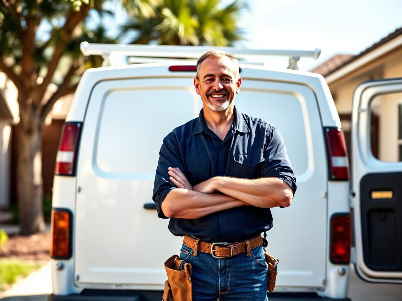 Right Hand Man founder standing in front of the company van